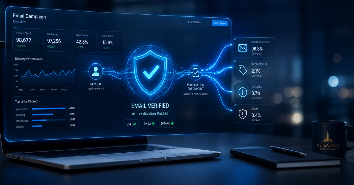 Futuristic email campaign analytics dashboard displaying verified email delivery, authentication checks, and inbox performance for send bulk emails campaigns.