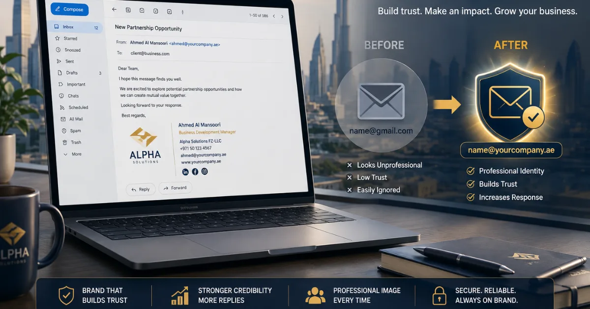 Professional laptop displaying a branded corporate email address with a company logo and signature, alongside a before-and-after comparison showing how a generic email can become a trusted Business Email identity that builds credibility and professionalism.