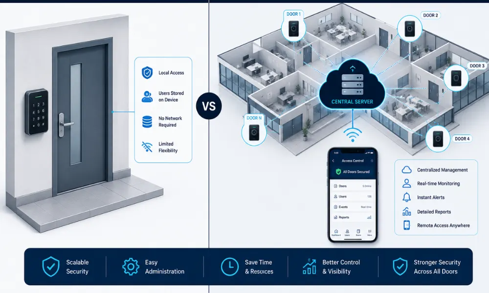 Split infographic comparing standalone single-door access control with a networked centralized system managing multiple doors through a central server and mobile phone, showcasing scalable access control solutions with remote management and real-time monitoring.