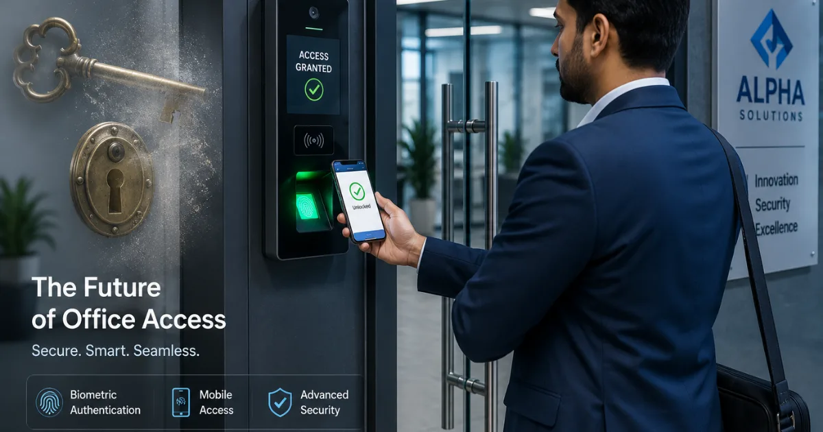 Modern office entrance with a biometric fingerprint scanner and smartphone tap-to-unlock reader, showing secure mobile access and a green access-granted indicator as traditional keys and locks fade away, illustrating advanced access control solutions.