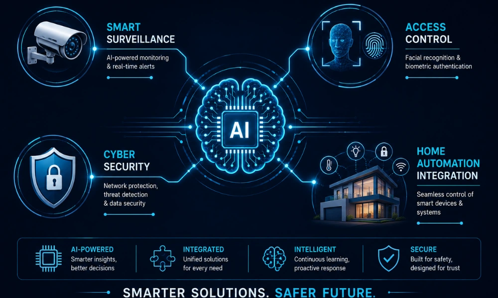 Futuristic infographic showing an AI brain connected to smart surveillance, biometric access control, cyber security, and home automation, illustrating integrated AI-powered Security systems.