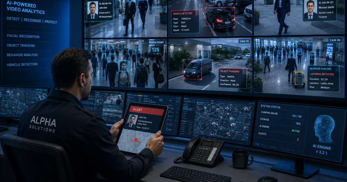 Modern UAE security control room with multiple AI-enhanced CCTV feeds, facial recognition, vehicle detection, object tracking, and real-time alerts monitored by a security professional, showcasing advanced Security systems.