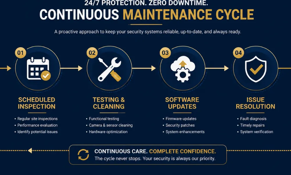 Clean infographic showing a continuous security maintenance cycle of scheduled inspection, testing and cleaning, software updates, and issue resolution, highlighting the benefits of Annual Maintenance Contracts for ongoing system reliability.