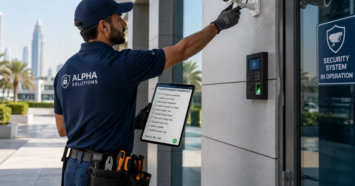 Professional security technician performing scheduled CCTV camera and access control maintenance at a modern UAE commercial building while reviewing a digital inspection checklist, illustrating reliable Annual Maintenance Contracts for security systems.