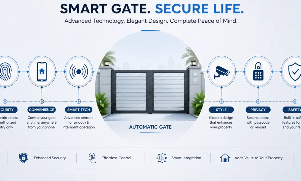 Wide clean infographic showing a modern automatic gate connected to biometric security, smartphone control, smart sensors, CCTV, keypad privacy, and safety features, highlighting the benefits of Automatic gates and doors.