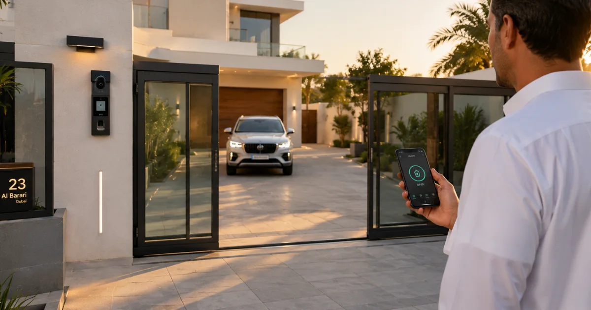Wide realistic photograph of a modern UAE villa with a sleek automatic sliding gate opening as a homeowner controls it using a smartphone, featuring integrated sensors and biometric access, showcasing Automatic gates and doors.