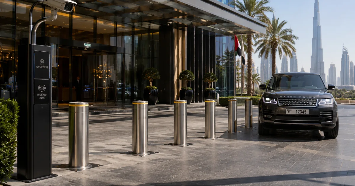 Hydraulic Bollards protecting a modern Dubai luxury hotel entrance, with stainless-steel barriers, RFID access control, and an authorized SUV approaching the secure driveway.