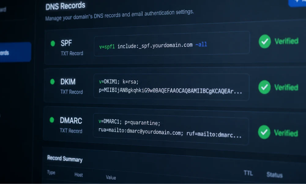 Close-up DNS settings interface showing verified SPF, DKIM, and DMARC records for secure send bulk emails authentication and domain verification.