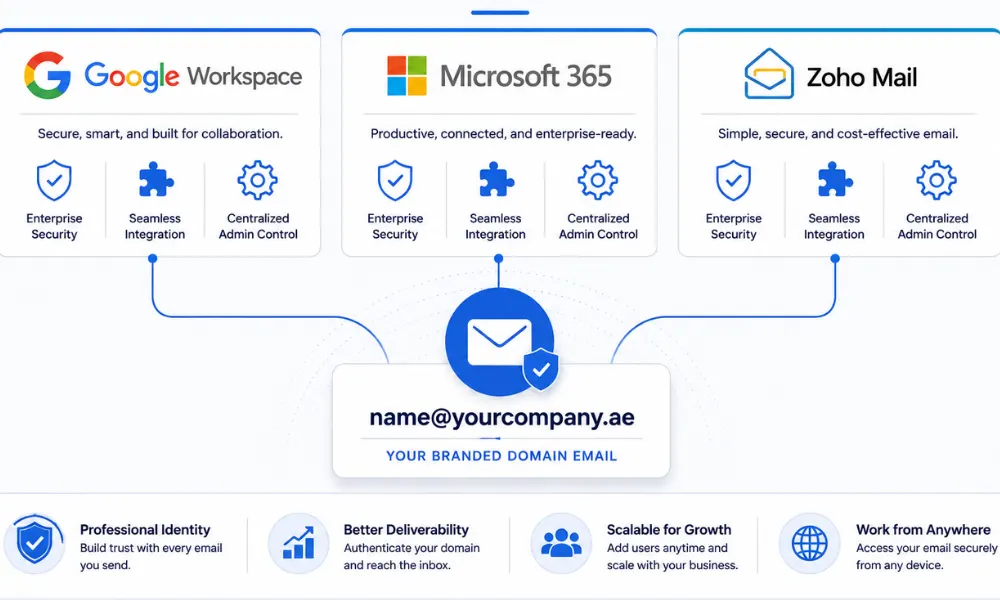 Clean infographic comparing Google Workspace, Microsoft 365, and Zoho Mail for a branded domain Business Email, highlighting security, seamless integration, centralized admin control, and professional email management.