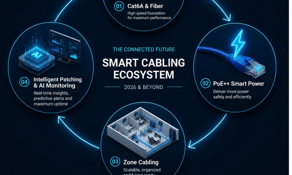 Futuristic infographic showing four connected technologies—Cat6A and fiber, PoE++ smart power, zone cabling, and intelligent patching with AI monitoring—highlighting key Structured cabling trends shaping scalable, secure, and sustainable network infrastructure in 2026.