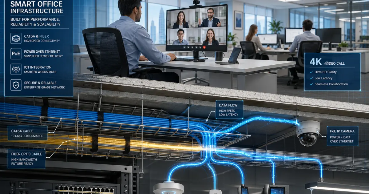 Modern smart office cutaway showing organized Cat6A and fiber optic cabling, PoE-powered security cameras, wireless access points, IoT sensors, IP phones, and smart lighting connected through structured infrastructure, illustrating emerging Structured cabling trends for high-performance offices.
