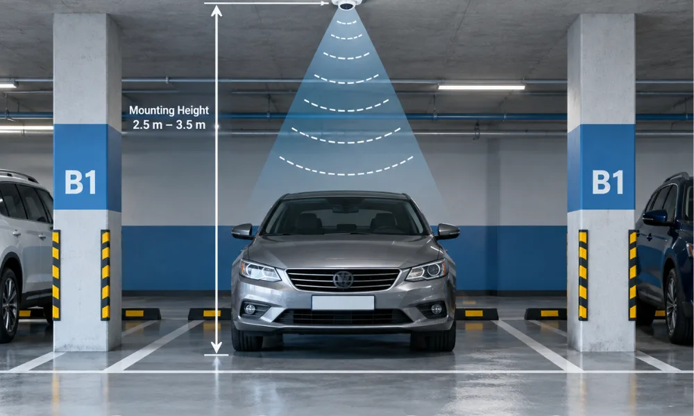Parking sensor system using an ultrasonic sensor mounted on a basement parking ceiling to detect vehicles in a parking bay.
