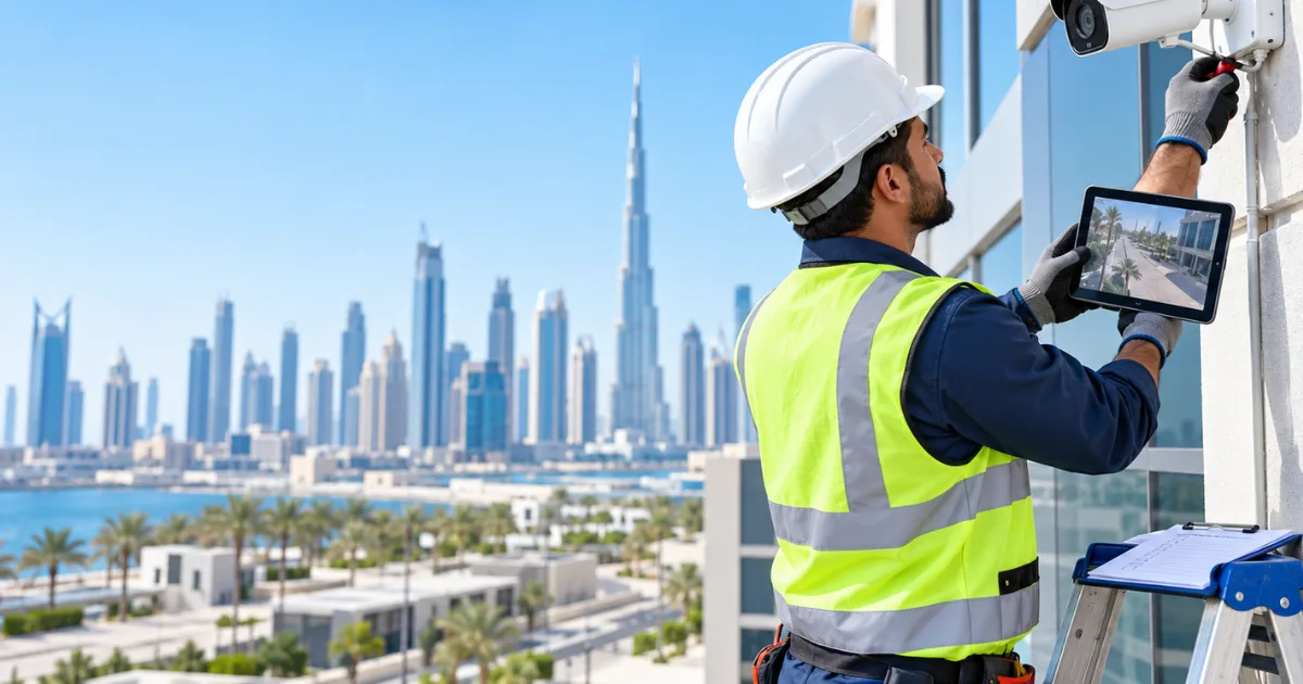 CCTV installers in Dubai mounting a bullet security camera on a modern commercial building while testing the live camera feed on a tablet.
