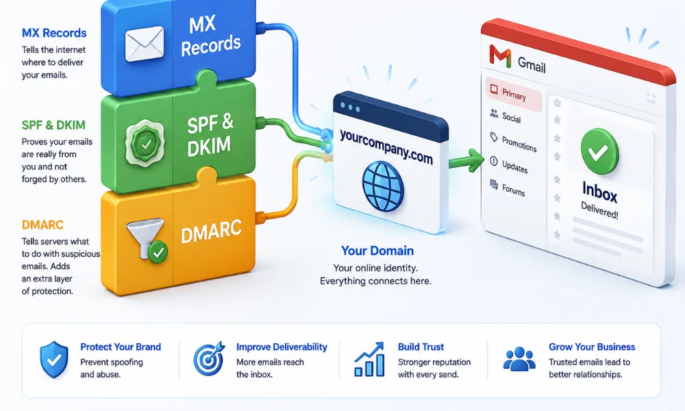 Friendly technical infographic showing MX Records, SPF & DKIM, and DMARC connecting a business domain to a Gmail-style inbox, illustrating how authentication supports a secure and reliable custom domain email setup.