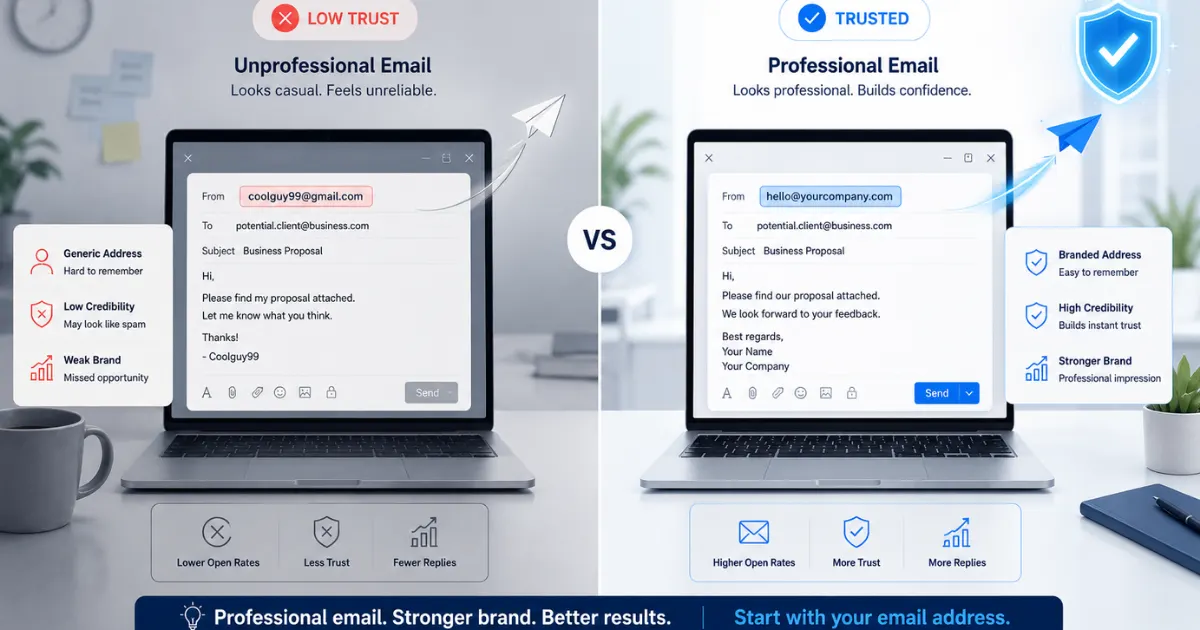 Split-screen infographic comparing an unprofessional generic email address with a trusted branded custom domain email, showing how professional email addresses can improve business credibility, trust, and customer responses.