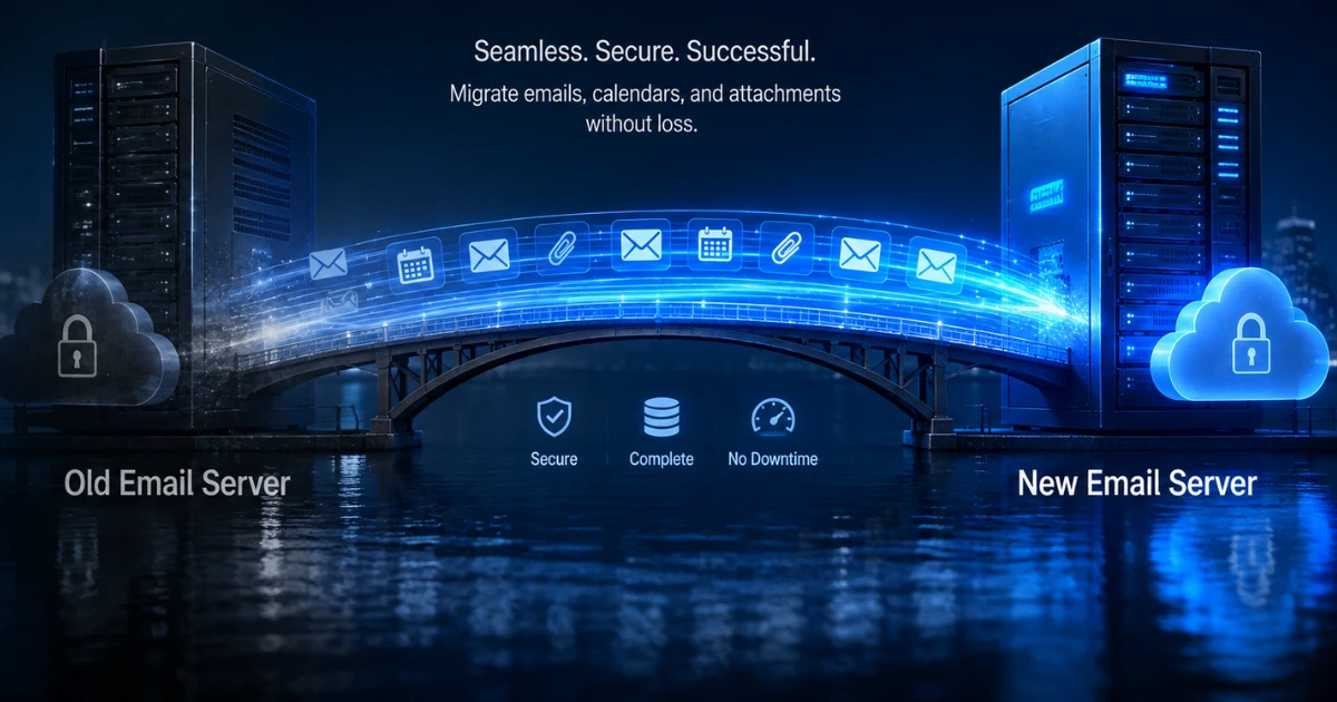 Secure email migration illustration showing data, emails, calendars, and attachments moving from an old email server to a new server, representing migrate business email and reliable send bulk emails operations.