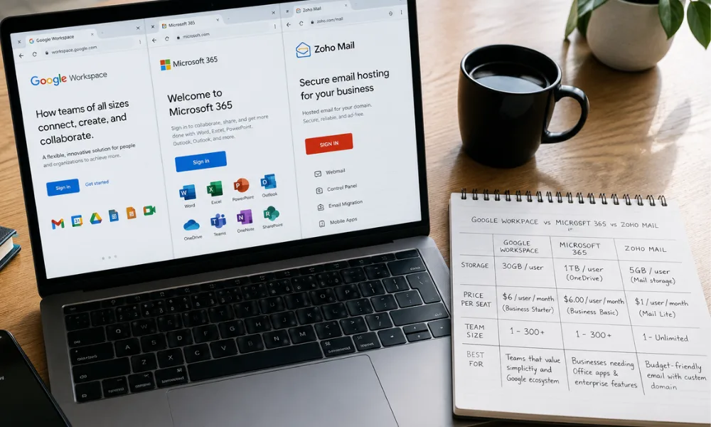 Overhead office desk photograph showing Google Workspace, Microsoft 365, and Zoho Mail on a laptop with notes comparing storage, pricing, and team size, illustrating different email solutions for small businesses.