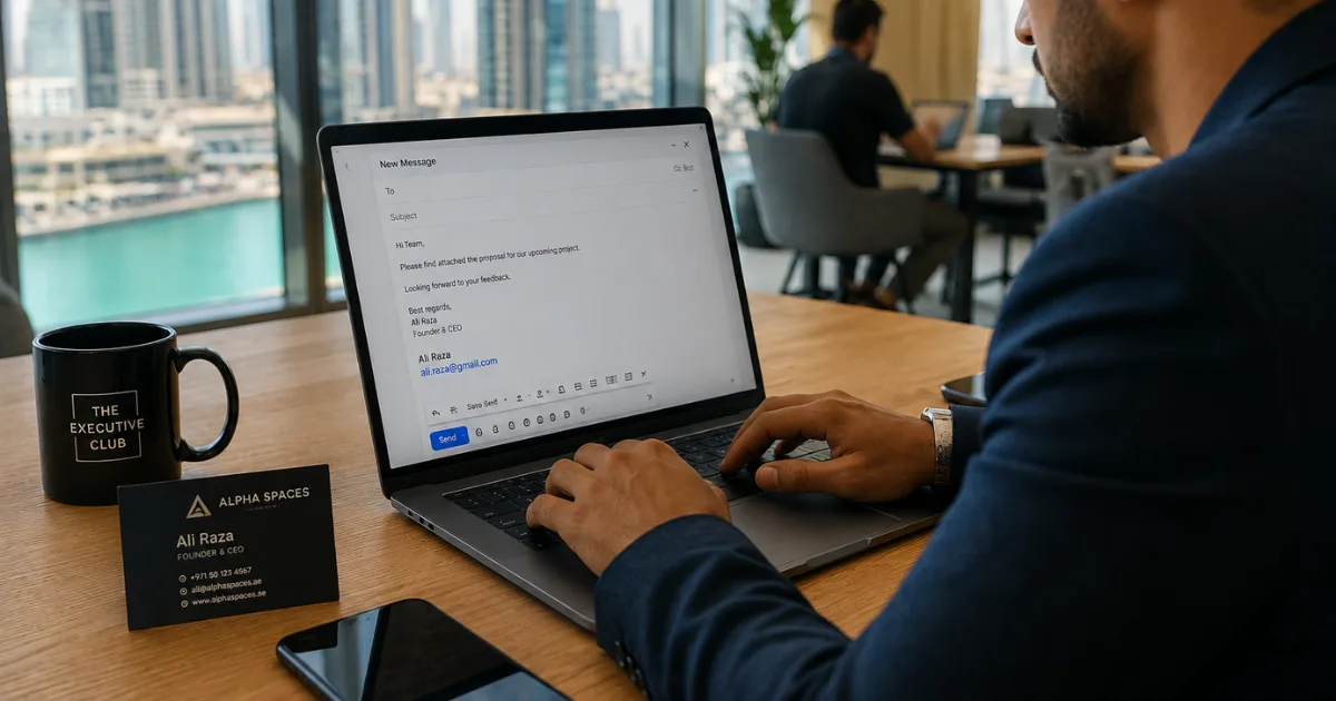Realistic Dubai coworking office scene showing a business professional using a laptop with a generic Gmail address alongside a polished business card, highlighting the importance of professional email solutions for small businesses.