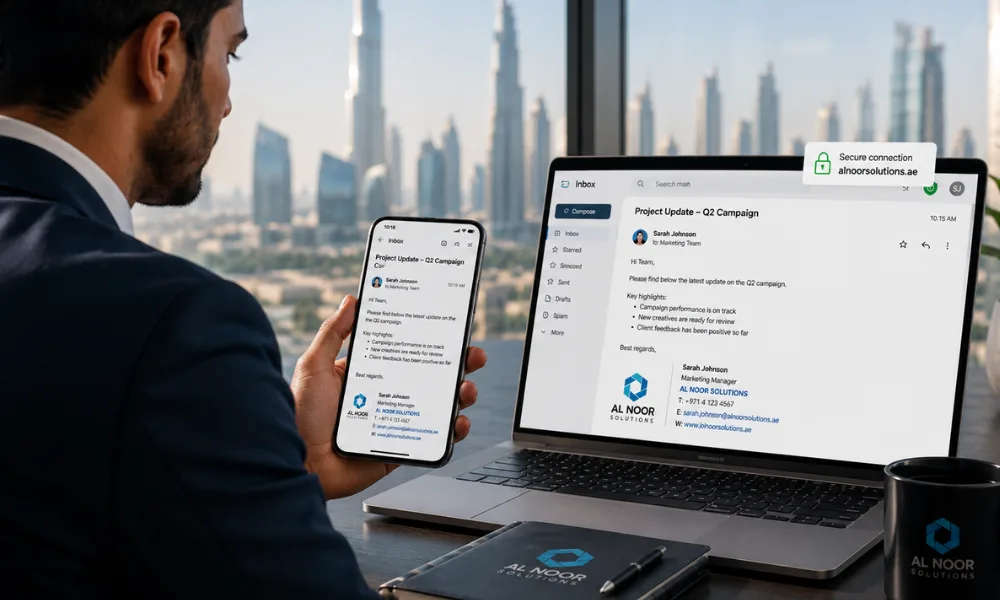 Corporate Business Email Setup featuring a UAE business professional reading a mobile-optimized corporate email on a smartphone alongside a laptop, with secure connection indicators and a Dubai skyline in the background.