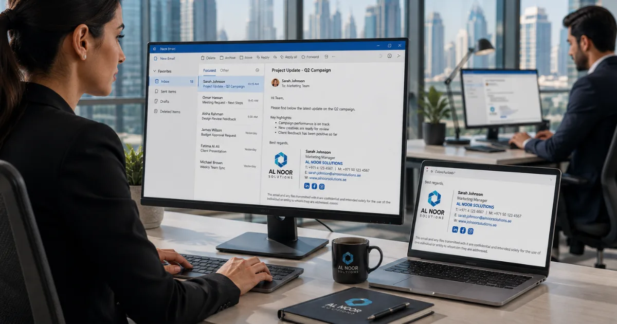 Corporate Business Email Setup showing a professional woman reviewing a branded corporate email with a consistent email signature on a desktop monitor and laptop in a modern Dubai office.