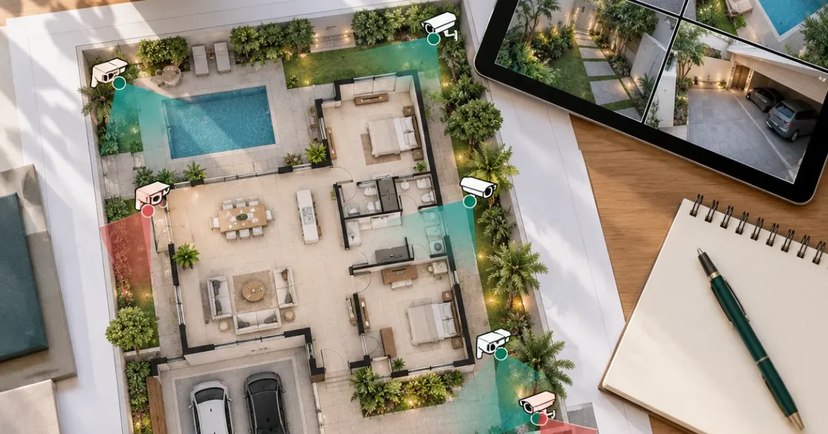 Dubai villa at dusk with gate, garage and cameras, showing where home security systems are placed