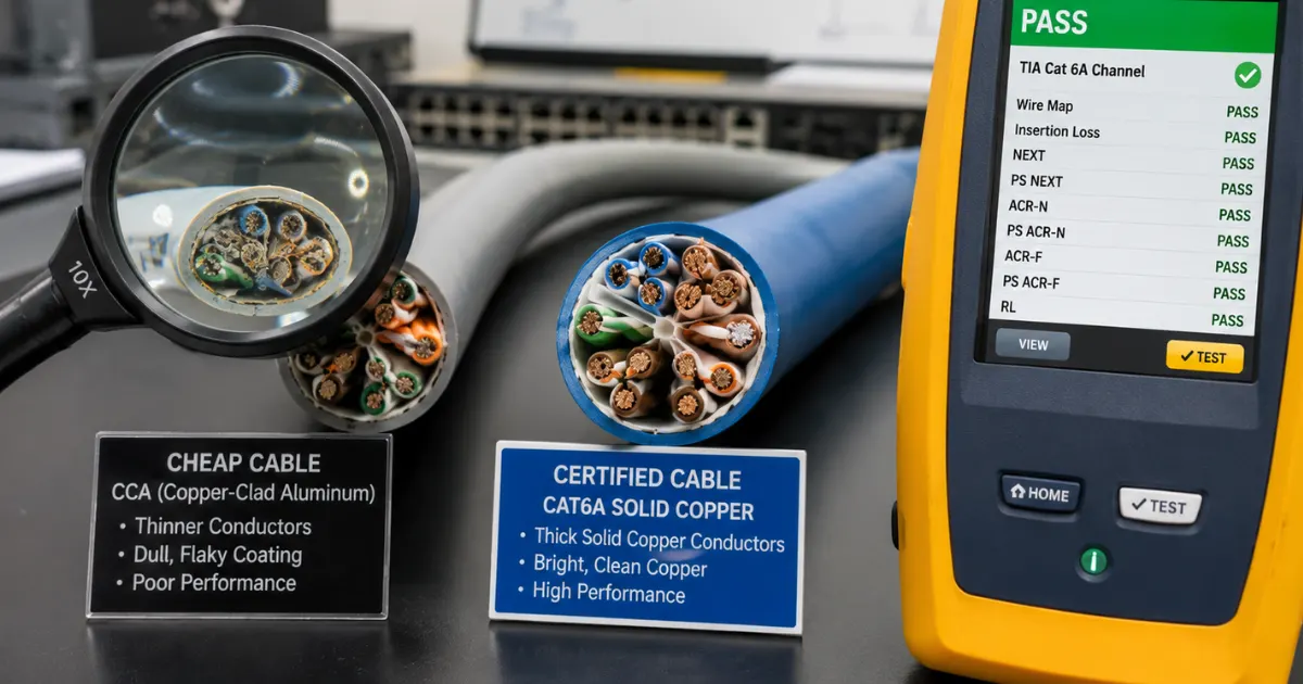 Technician inspecting network cable samples during an install network cabling quality check, comparing a cheap CCA cable with a certified solid-copper Cat6A cable alongside a Fluke tester showing a PASS result.
