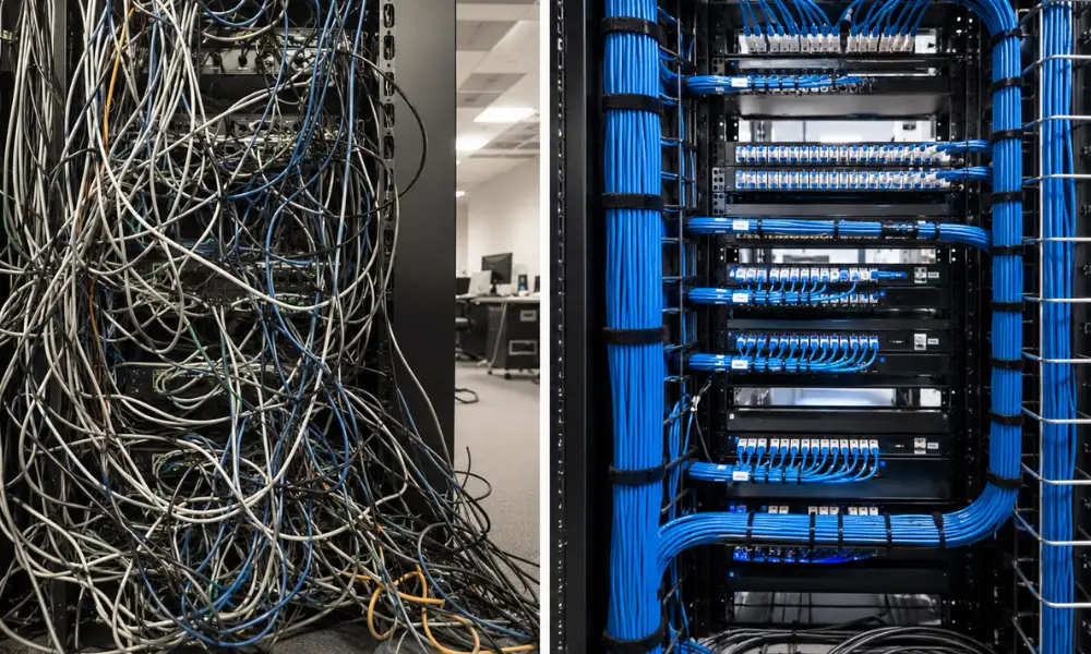 Professional install network cabling comparison showing tangled, unlabeled network cables behind a server rack contrasted with neatly bundled and labeled Cat6A cables organized in structured cable trays.