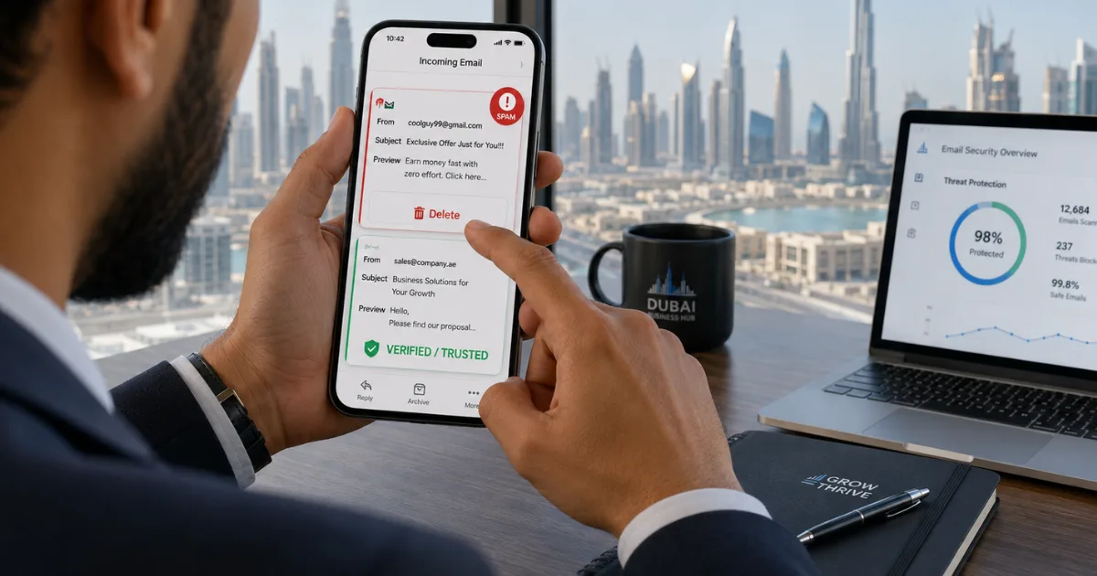 Dubai business professional reviewing a smartphone with spam and verified business email notifications, illustrating the importance of professional email addresses for trusted communication.