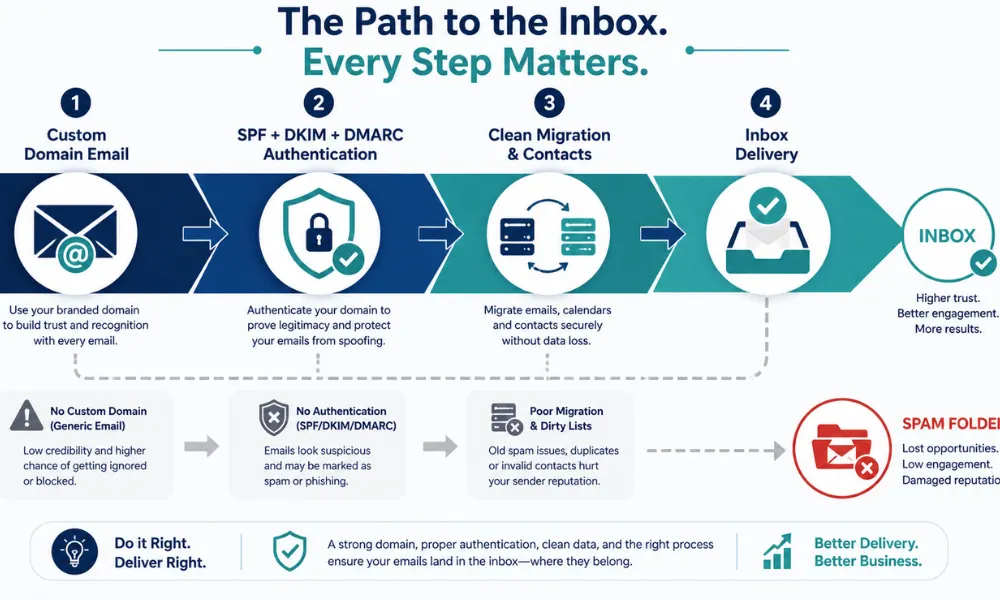Email deliverability infographic showing custom domain email, SPF, DKIM, DMARC authentication, clean migration, and inbox delivery, highlighting the value of professional email addresses.