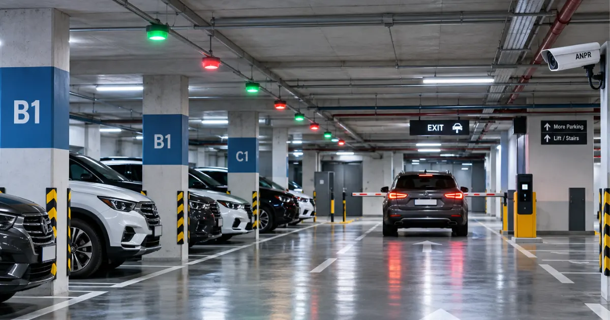 Parking sensor system in a modern basement garage with red and green LED guidance lights, vehicle detection, and ANPR camera technology.