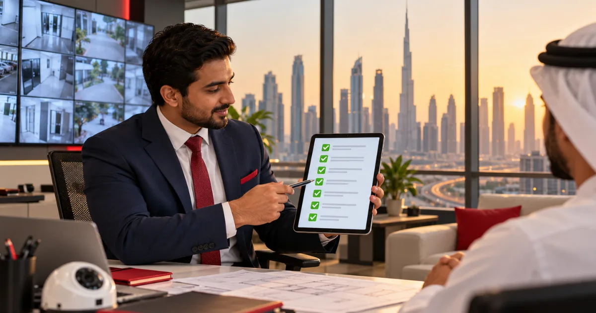 Security consultant reviewing a checklist of qualities for the Dubai top 10 security companies, with the Dubai skyline behind