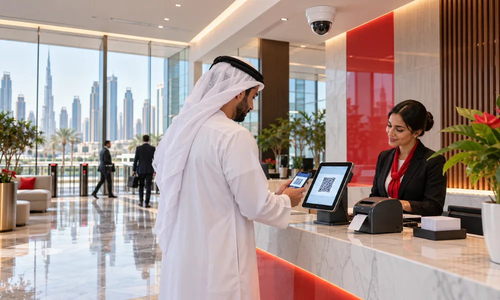 Visitor check-in with QR code at a reception desk and CCTV cameras, a quality to check in the Dubai top 10 security companies