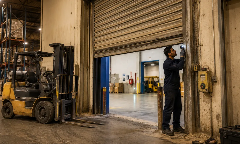 Industrial warehouse showing a heavy-duty roller shutter door stuck halfway open while a technician inspects the misaligned track with a flashlight and a forklift waits nearby, illustrating common industrial roller shutter door issues.