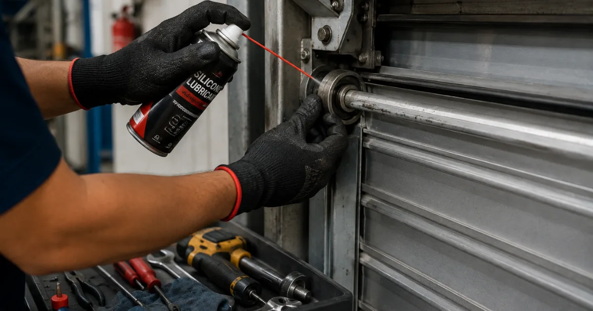 Close-up of a technician applying silicone lubricant to the roller and track mechanism of an industrial shutter door, with the torsion spring, guide rail, bearings, and maintenance tools visible, addressing common industrial roller shutter door issues.