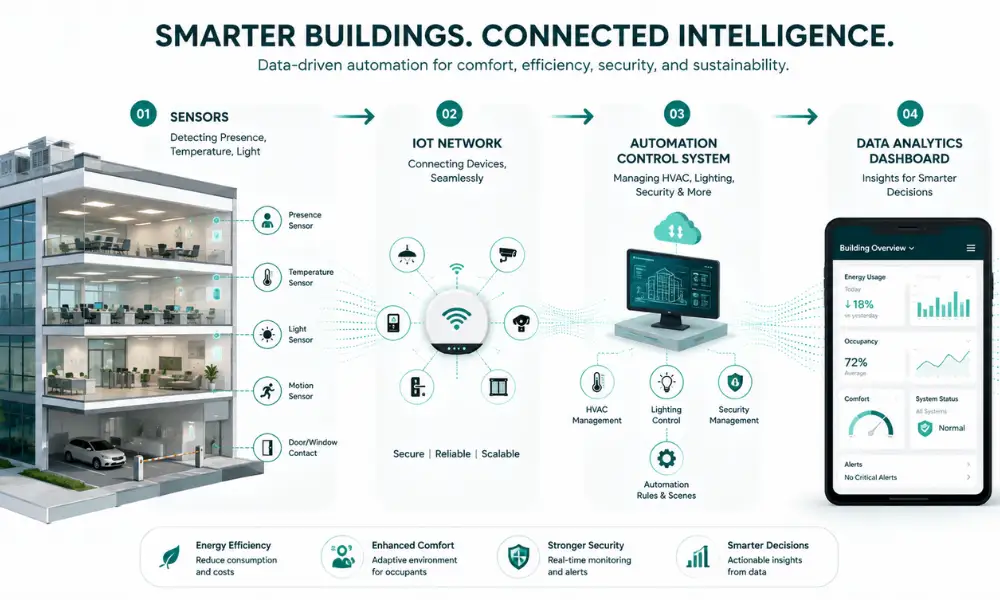 Wide infographic showing a building’s connected layers of sensors, IoT network, automation control system, and data analytics dashboard, demonstrating how integrated technologies create a Smart Building.