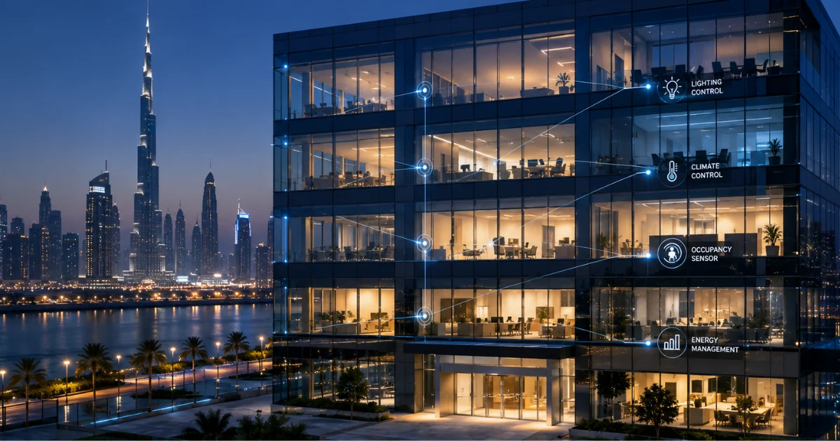 Wide architectural photograph of a modern UAE office building with intelligent lighting, climate control, occupancy sensors, energy management, and connected IoT systems, illustrating a Smart Building environment.