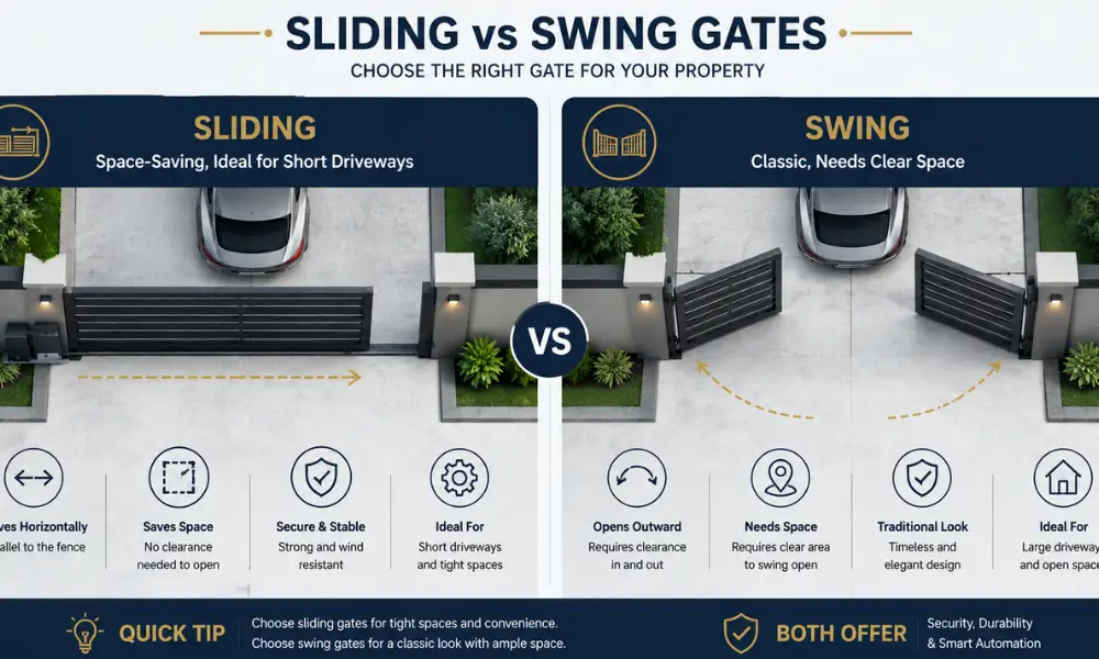 Sliding versus swing gate comparison infographic showing space-saving sliding gates and outward-opening swing gates, with security and automation features for send bulk emails.