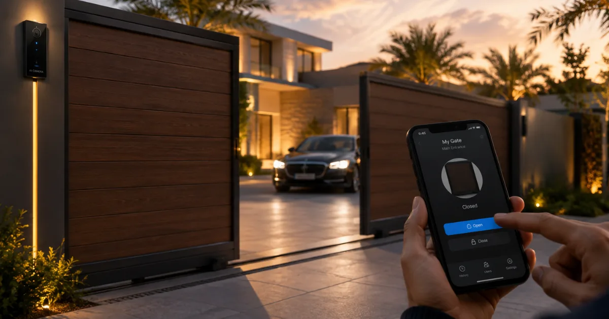 Smart sliding gate opening at a luxury Dubai villa while a smartphone gate-control app is used to open the entrance, illustrating secure automation for send bulk emails.