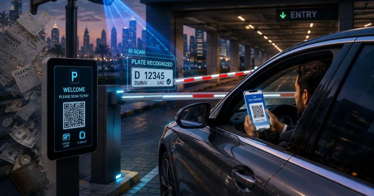 Cinematic smart parking entrance in Dubai featuring an ANPR camera scanning a vehicle license plate, automated boom barrier, QR code payment, and cashless parking technology, illustrating a smart parking management system for faster, secure, contactless entry.