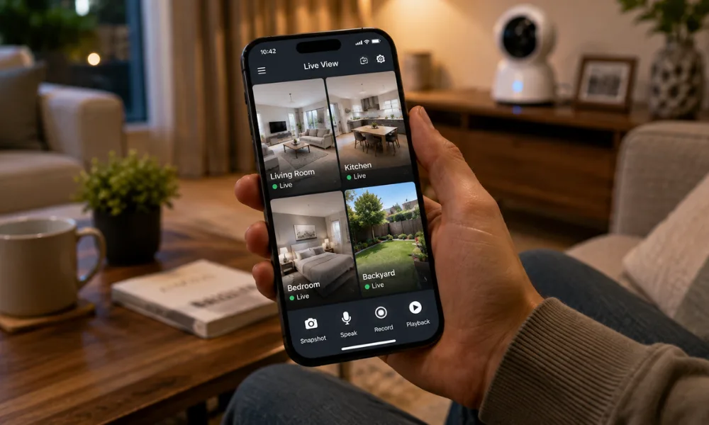 Person holding a smartphone displaying multiple live CCTV camera feeds while relaxing on a couch, with a security camera visible in the warm, cozy living room background.