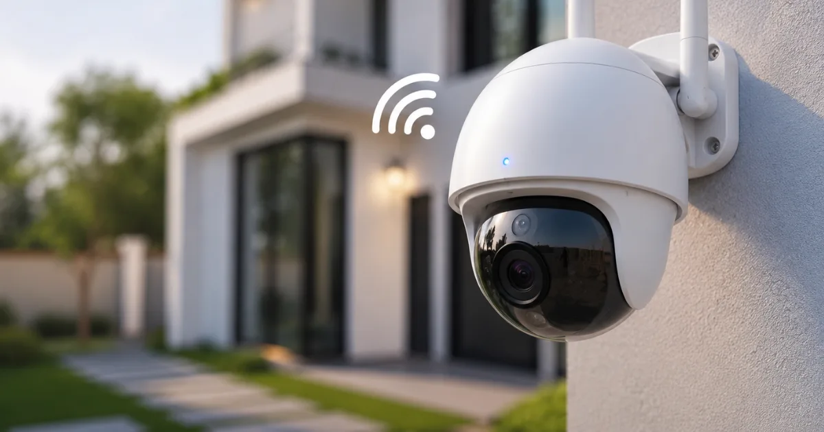 White WiFi CCTV dome camera mounted on a modern home exterior with a glowing status LED and WiFi signal icon, providing smart home security monitoring.