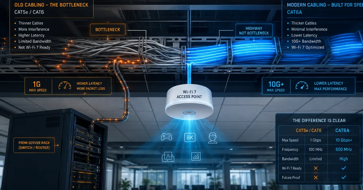 Modern technical infographic illustrating WiFi 7 Cabling Requirements, comparing old Cat5e/Cat6 cabling with organized Cat6A infrastructure connecting a server rack to a Wi-Fi 7 access point, with visual indicators for bottlenecks, higher bandwidth, lower latency, and improved network performance.
