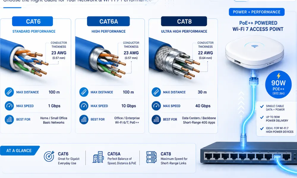 Clean technical infographic comparing Cat6, Cat6A, and Cat8 Ethernet cables, showing conductor thickness, maximum distance, network speed, and PoE++ power for a Wi-Fi 7 access point, illustrating key WiFi 7 Cabling Requirements.