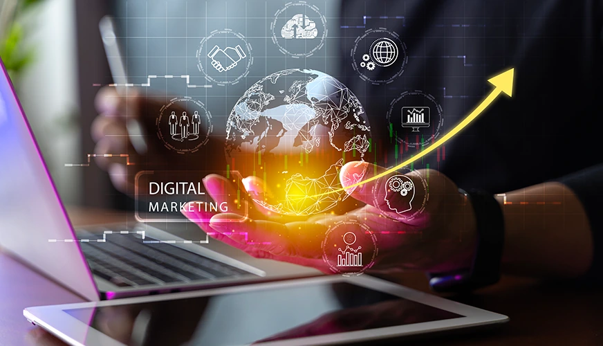 Digital marketing growth strategy with analytics, globe, and business data icons