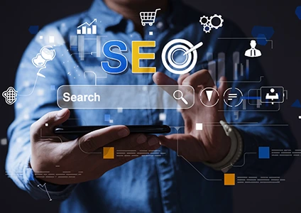 Digital SEO strategy visualization with search bar and technology elements
