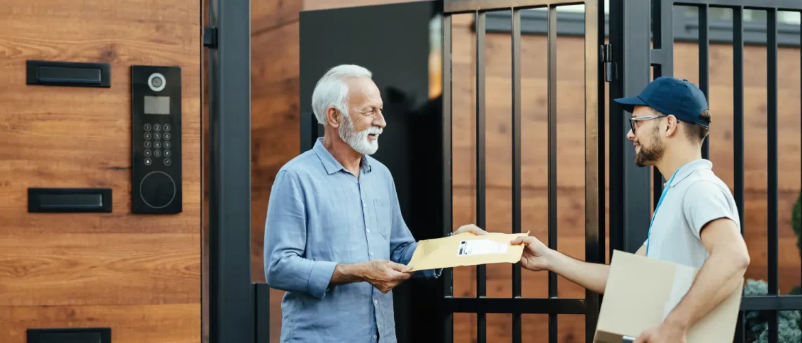 Older man accepting a delivery from a courier in front of a modern automated gate installation with a keypad access system.