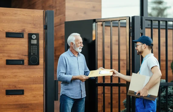 Older man accepting a delivery from a courier in front of a modern automated gate installation with a keypad access system.