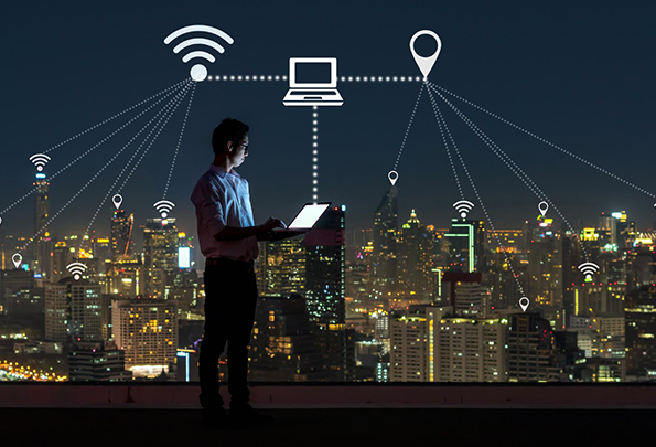 Professional WiFi solutions and network connectivity icons overlaying a smart city Dubai.