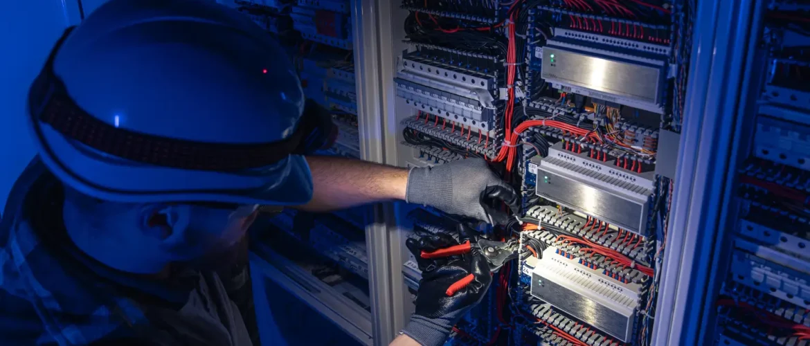Technician installing structured cabling and network wiring inside an industrial electrical control panel.