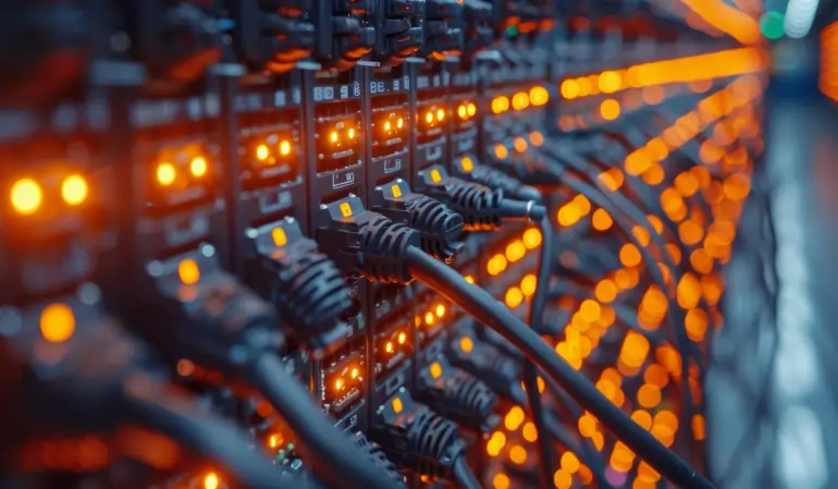 Structured cabling system with Ethernet cables connected to network servers in a modern data center.